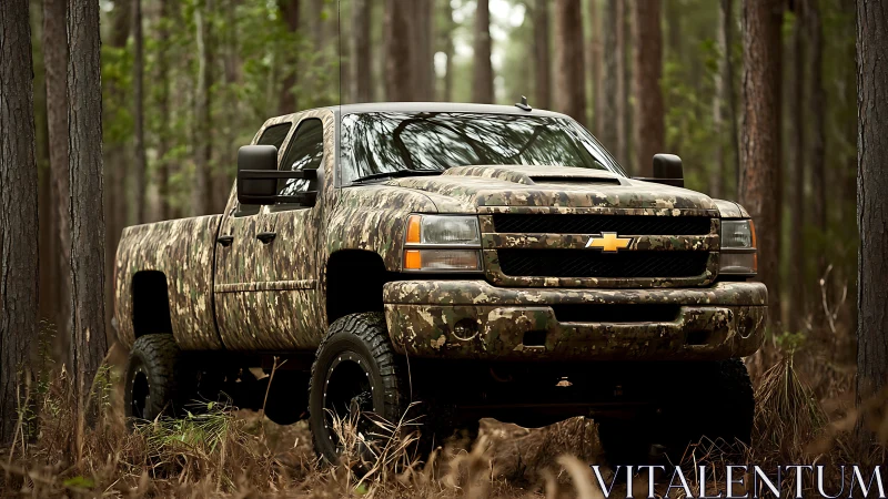 Lifted camo Chevy pickup integrates tactically into dense pine forest
