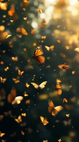 Digital painting of monarch butterflies in luminous vertical drift.