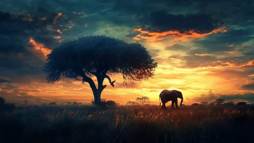 Solitary elephant walks beneath blazing African sunset sky