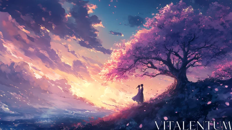 Romantic couple under glowing cherry blossom sunset sky.