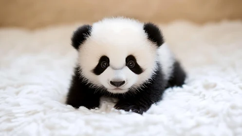 Tiny panda explorer paddles through a fluffy white snowfield