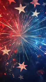 Patriotic starburst fireworks over red and blue backdrop.