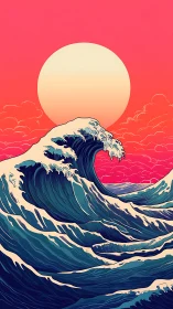 Stylized ocean wave under large sun on pink sky.