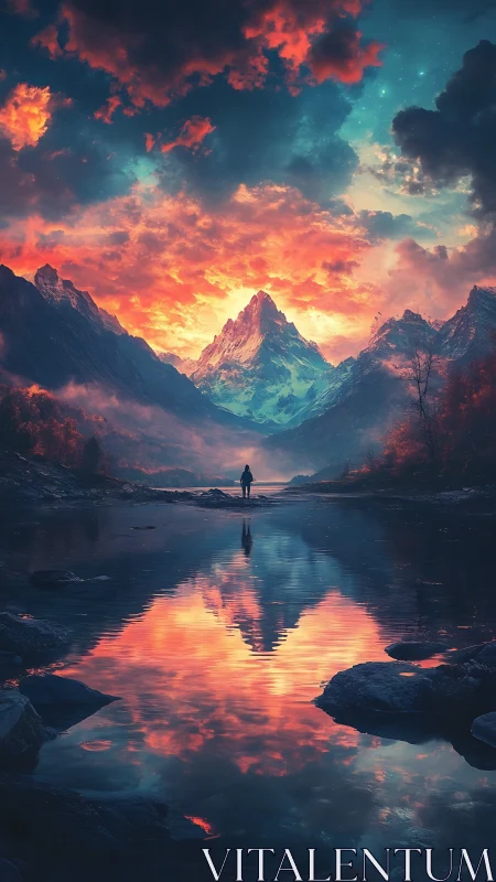 Solitary figure by reflective river facing luminous mountain.