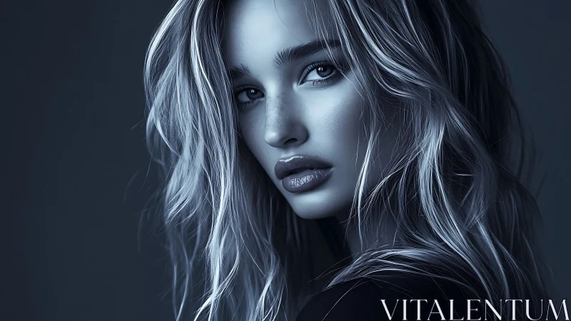 Moody monochrome portrait of woman with flowing hair.