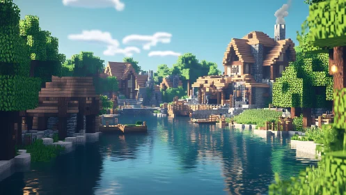 Minecraft Village Canal With Waterfront Architecture.