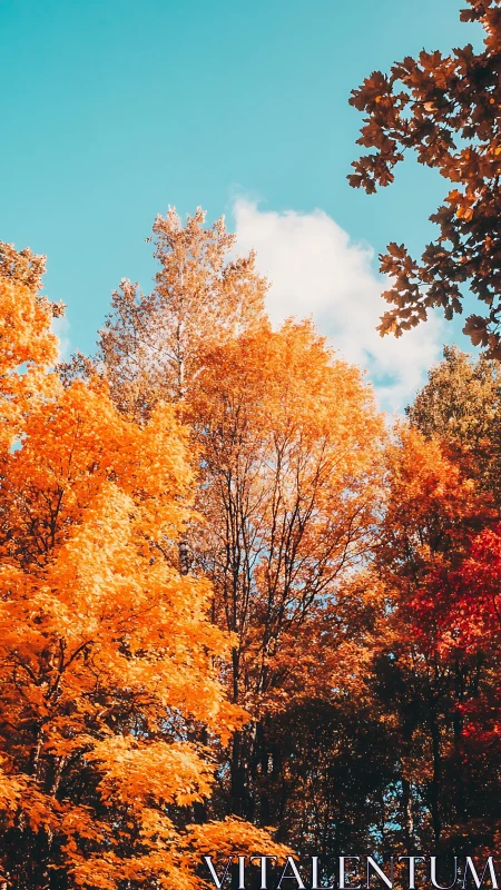 Golden autumn treetops glow under vivid clear blue sky