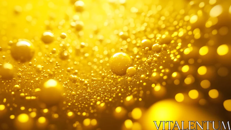 Golden liquid bubbles macro with glowing bokeh, abstract art style.