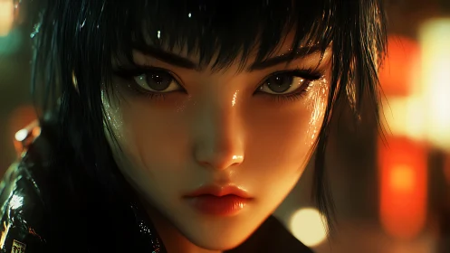 Neon rain tattoos resolve on a cyberpunk heroine’s gaze