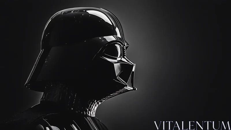 Dark armored helmet profile under stark studio rim light.