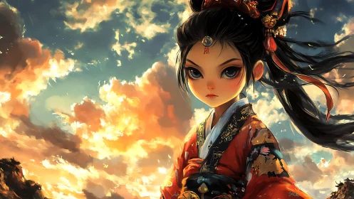 Sky-lit kimono heroine rendered in luminous digital painting.
