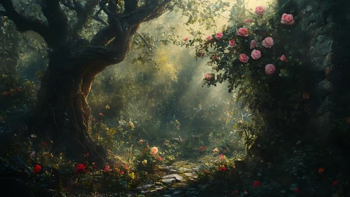 Enchanted Forest Garden: Ancient Tree Canopy with Cascading Pink Roses.