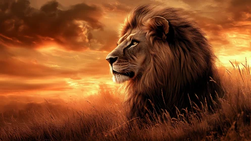 Majestic lion gazes across a blazing savanna sunset.
