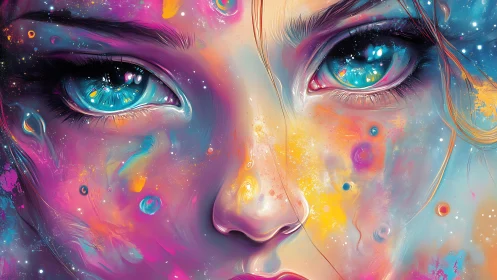 Close cropped digital portrait shows stylized multicolor face