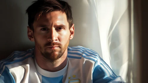 Male footballer portrait in Argentina jersey by window light.
