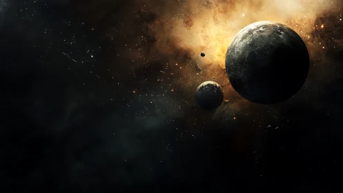 Planetary alignment silhouettes against incandescent nebular field