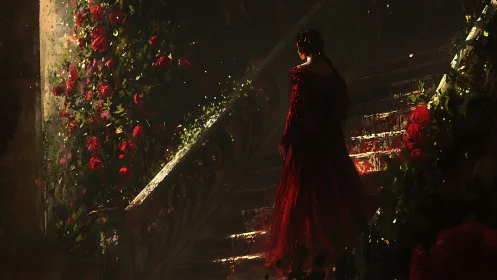 Woman in red gown stands on dim staircase beside roses