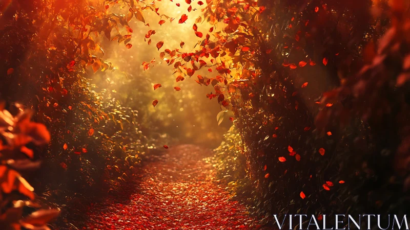 Autumn foliage corridor with backlit leaves and path surface.