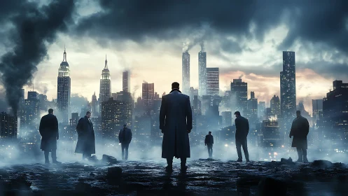 Men in coats facing dense urban skyline in heavy fog.