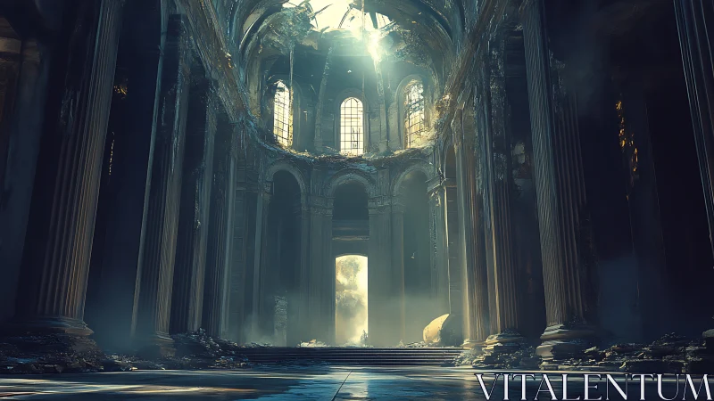 Ruined cathedral interior shows tall columns and harsh light