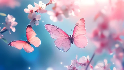 Blush winged butterflies drift through a dreamy blossom sky