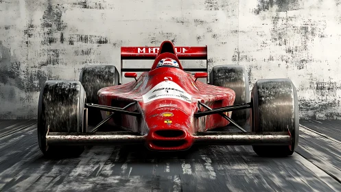 Scarlet speed fiend idling against a grunge-scarred wall.