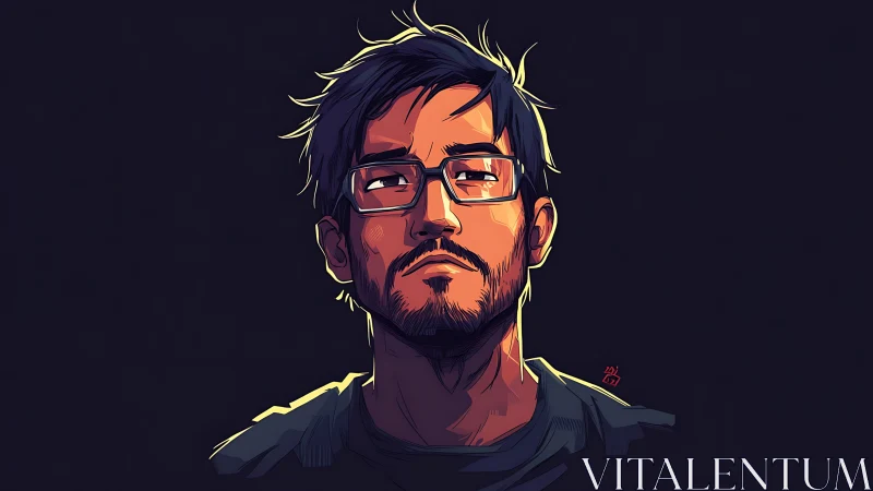 Stoic neon-lit thinker studies the darkness beyond frame