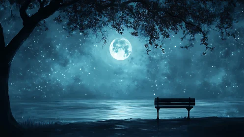 Moonlit lakeside bench under tree branches reflects starlight