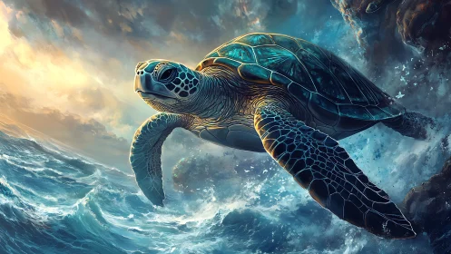 Dynamic digital painting of sea turtle in cinematic surfscape.