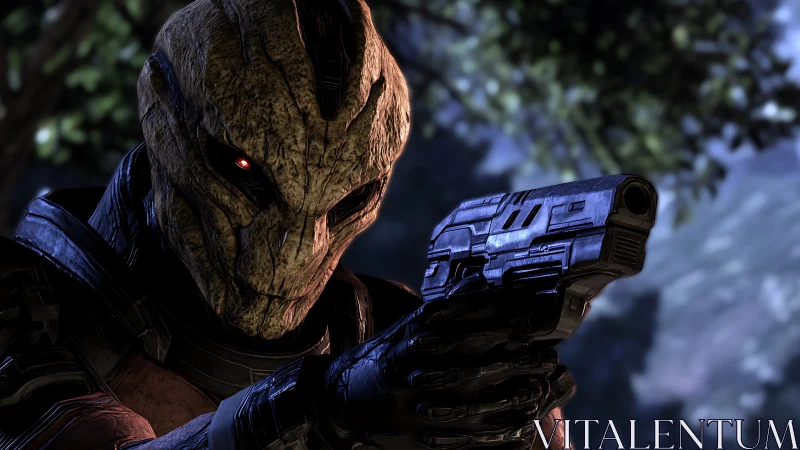 Alien soldier in armor aiming futuristic pistol in forest