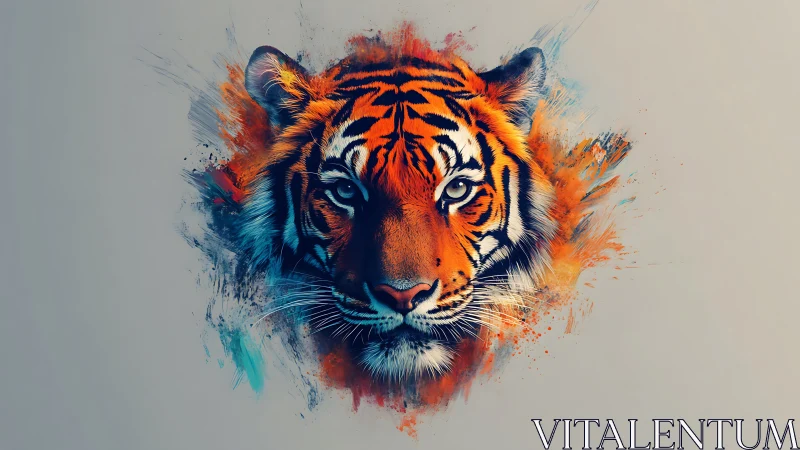 Digital tiger portrait with splatter brushstroke dispersion effect