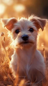 Small light brown puppy sits in dry grass at sunset