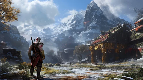 Warrior observing snowy Norse valley with ornate temple.