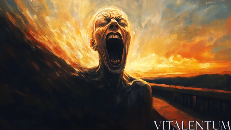 Figure with open mouth against intense sunset background.