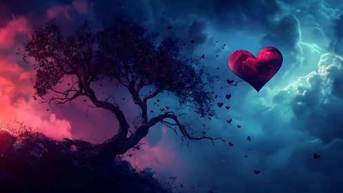 Luminescent Heart Tree: Love Blooms Between Storm and Serenity