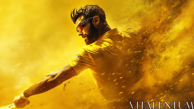 Cricket batsman mid-swing in dynamic yellow particle burst