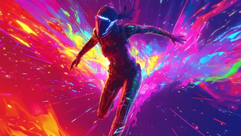 Neon-suited runner cuts through explosive cosmic color field
