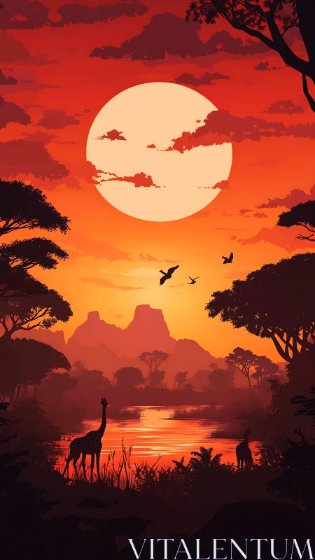 Radiant savanna silhouettes under oversized equatorial sun.