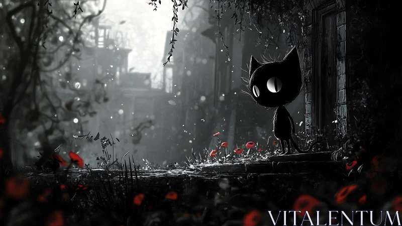 Silhouetted feline figure in desolate urban environment with red accents.