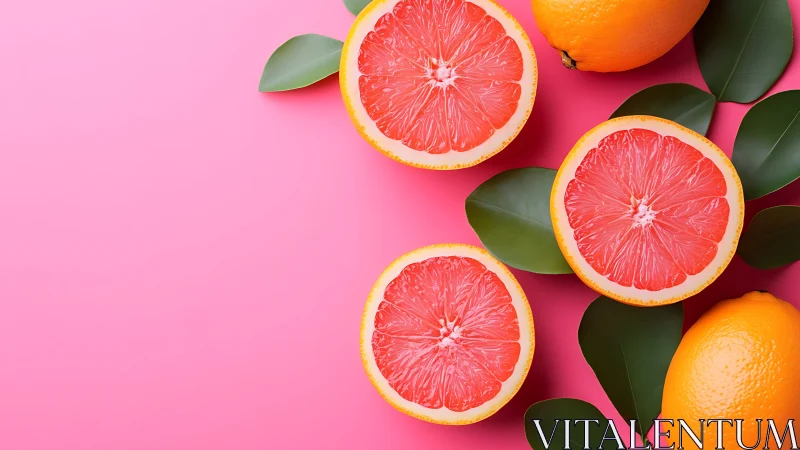 Vibrant grapefruit halves rest beside oranges on pink background.