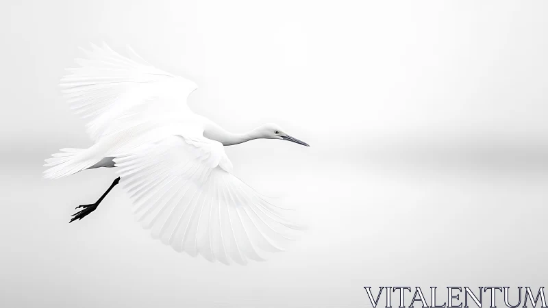 Great Egret in Flight: Minimalist White Avian Study.