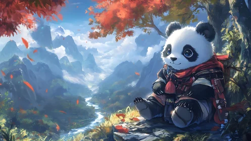 Panda character rests on cliff edge above distant valley