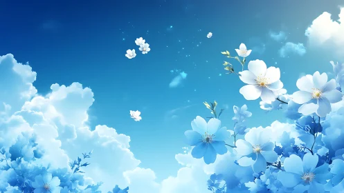 Blossoming white flowers drift softly across a radiant sky.
