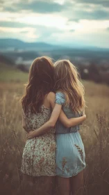 Two Sisters Embrace Against Mountain Horizons in Golden Hour
