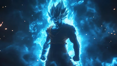 Celestial warrior silhouette framed by intense blue energy aura