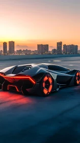 Futuristic concept supercar on rooftop at city sunset.