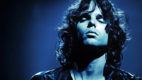 Moody blue portrait of long haired singer in spotlight.