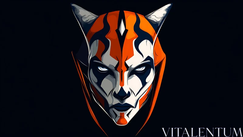 Stylized feline mask portrait uses sharp neon contrast lighting