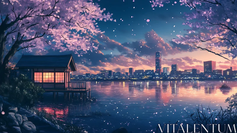 Lakeside teahouse glows beneath twilight cherry blossoms.