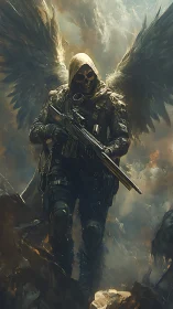 Winged skeletal soldier in tactical armor amid storm clouds.